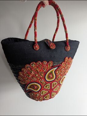Black Beaded Tote with Red Multicolor Beaded Accent